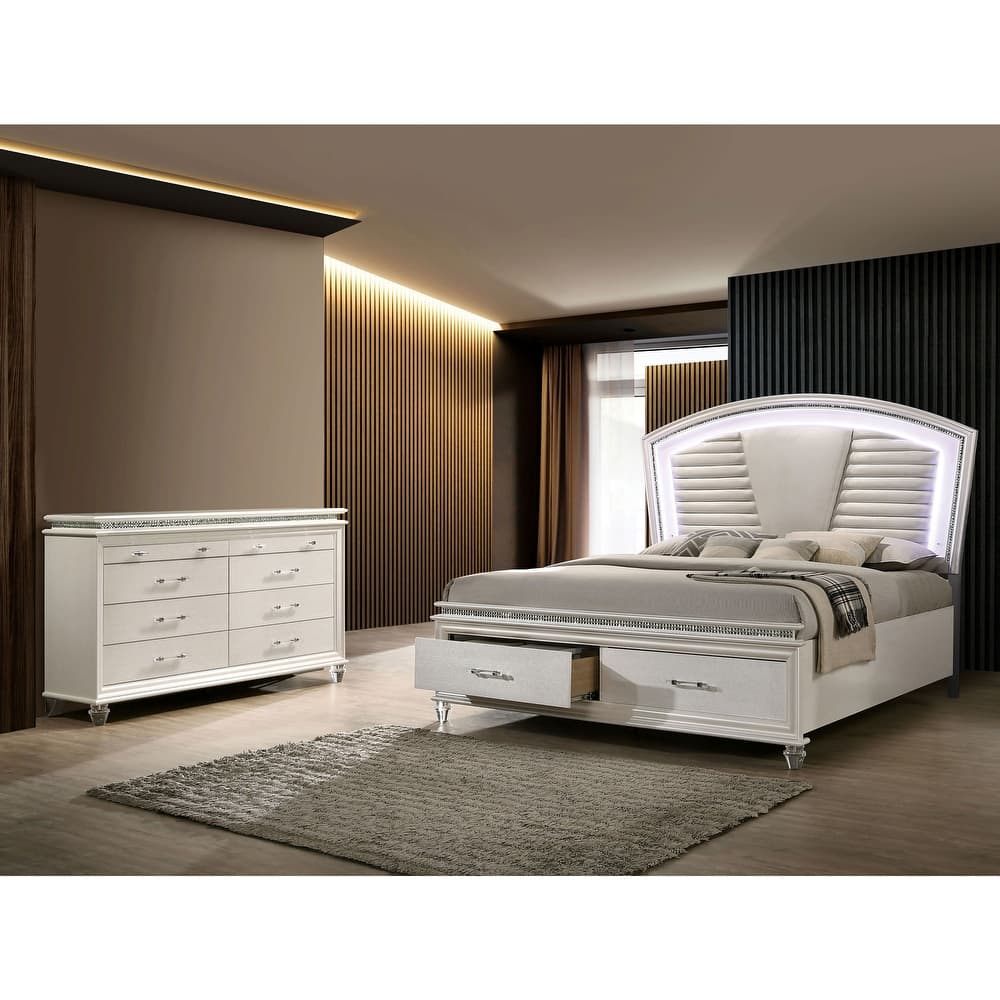 Xian Glam White Solid Wood 2-Piece Platform Bed and Dresser Set with LED by Furniture of America