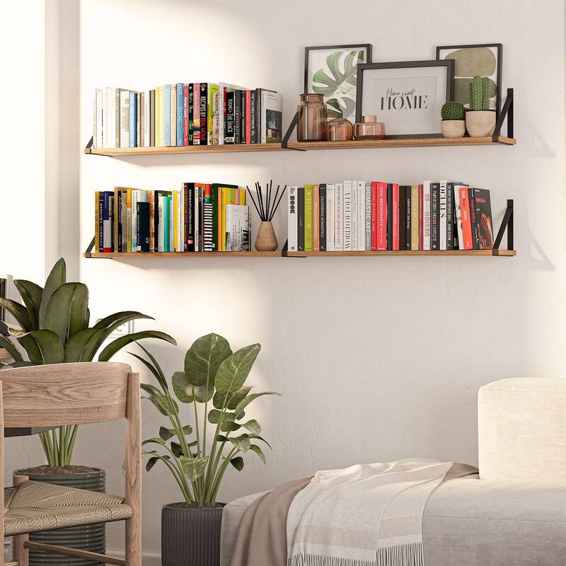 Wallniture Bora 54" x 6" Floating Shelves for Living Room, Rustic Bookshelves, Office Decor Shelves, Wall Mounted, Burnt, 2 Pcs