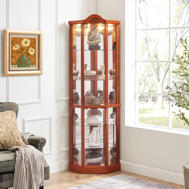 Roomfitters Wooden Corner Display Curio Cabinet, Lighted China Cabinet with Tempered Glass Door