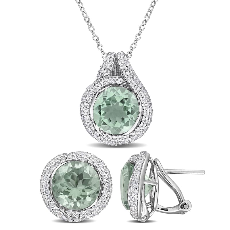 Miadora Sterling Silver Gemstone Halo Necklace and Earrings Set - Green