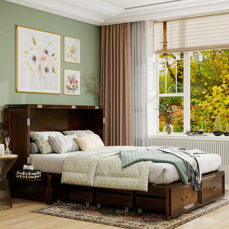 Solid Wood Murphy Bed Full Size with Storage | Space Saving Walnut Cabinet Bed with Easy Pull-Out Mechanism for Bedroom