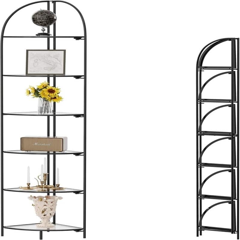 Crofy Foldable 6 Tier Corner Shelf - Black Frame & Transparent Shelf