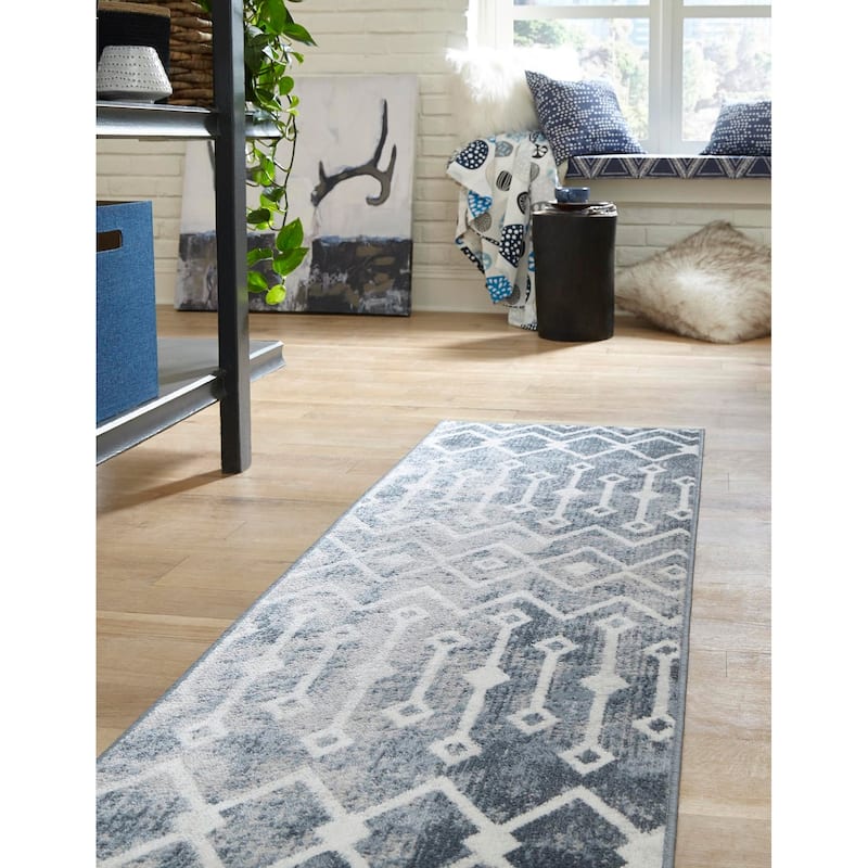 Contemporary Pico Collection Area Rug - 2'7"x12' - Blue-Ivory