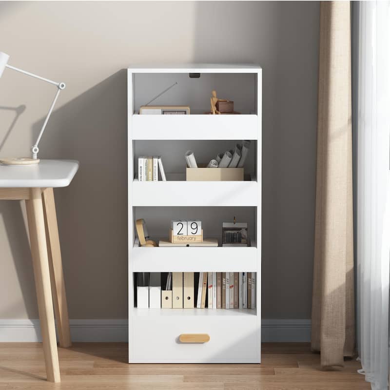 4-Tier Freestanding Bookshelf with 3 Sliding Drawers and 1 Bottom Drawer - White
