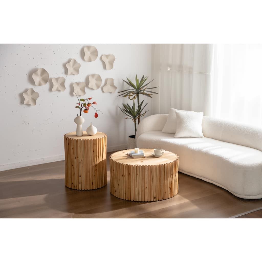Retro Fashion Style Cylindrical Coffee Table with Vertical Texture Relief Design,Suitable for Living Room,Office(Set of 2)