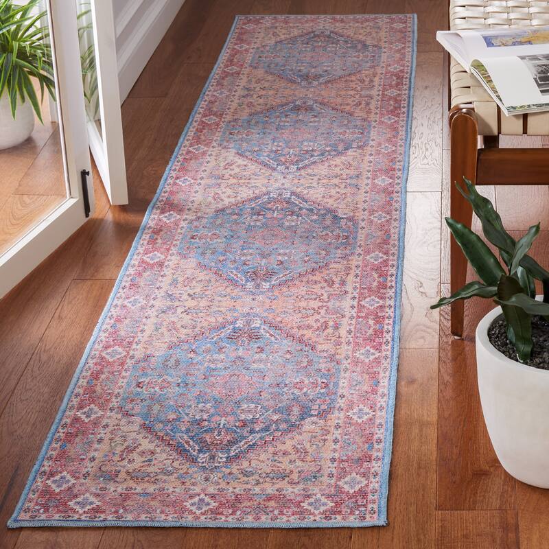 SAFAVIEH Serapi Machine Washable Sada Shabby Chic Distressed Rug - 2' x 9' Runner - Blue/Rust