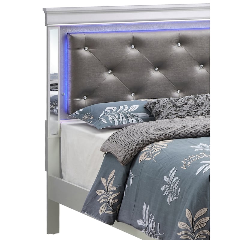 Jewel Tufted Upholstered Panel Full Bed with LED Light - 80" - Silver Champagne