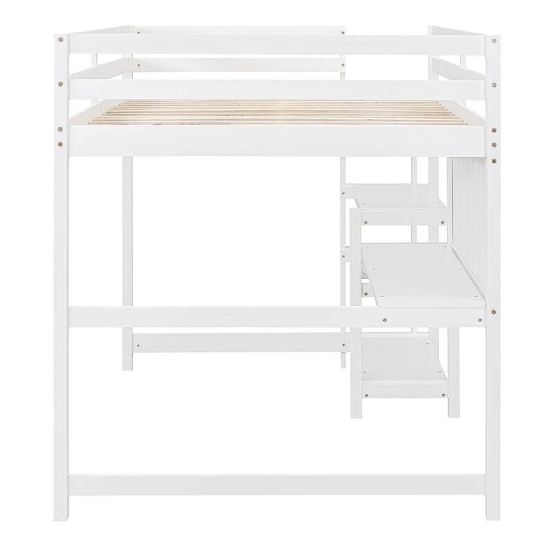 Full Size Wooden Loft Bed with Shelves, Desk, and Writing Board in White