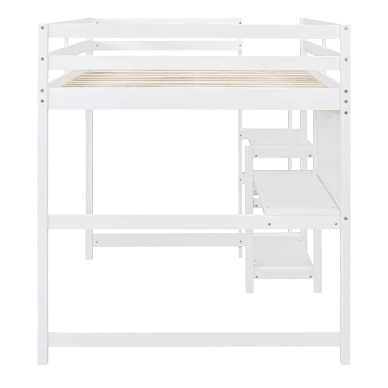 Full Size Wooden Loft Bed with Shelves, Desk and Writing Board