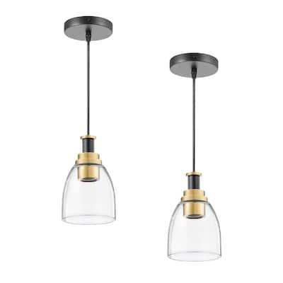 Set of 2 Modern Glass Pendant Lights Black and Gold with Clear Shade Adjustable Hanging Light Fixtures for Kitchen Island