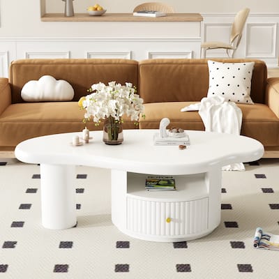 Roomfitters Cloud Coffee Table with Drawer and Open Shelf, Irregular Shape Accent Table for Stylish Living Room, White