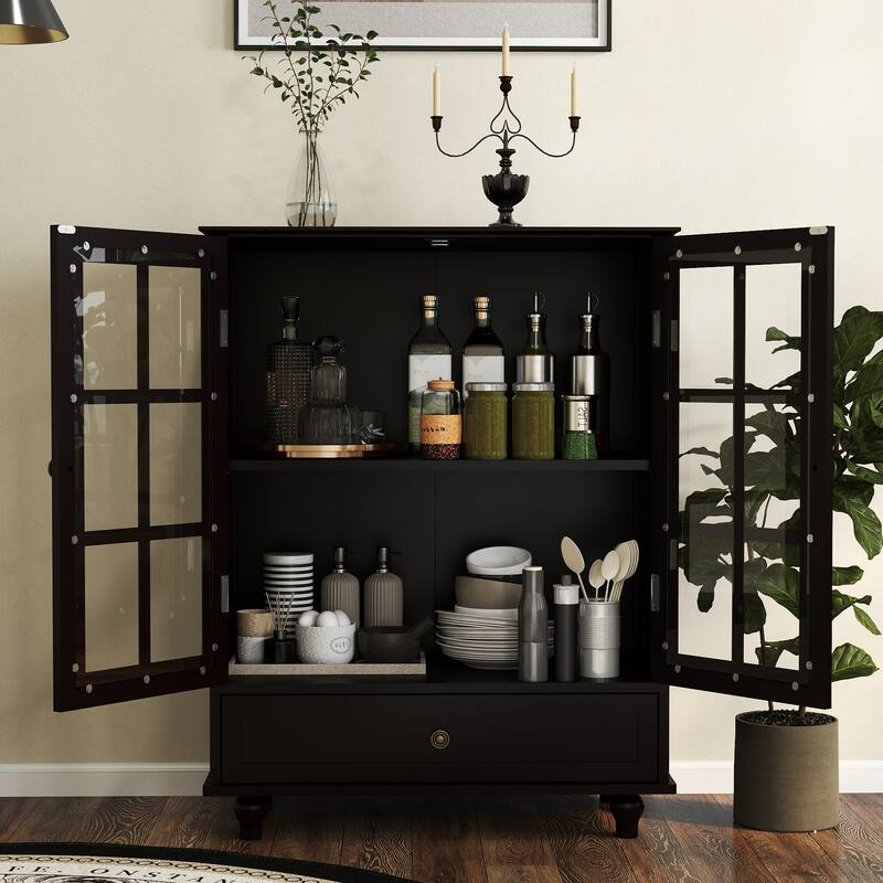 Buffet Cabinet with Double Glass Doors and Drawer, Modern Wooden Storage Sideboard Cupboard for Living room, Dining Room