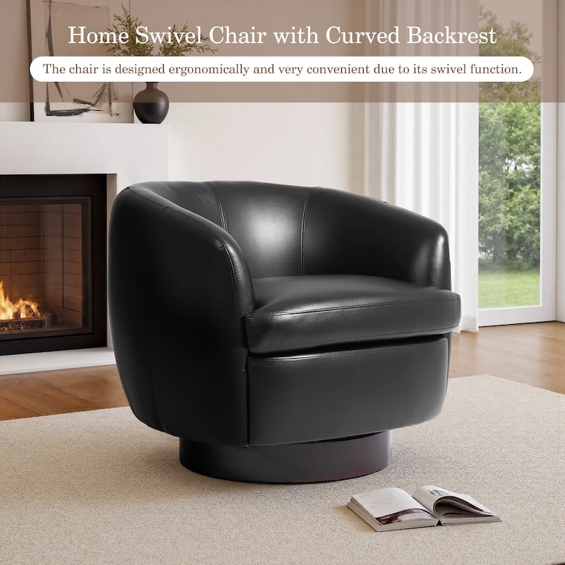 Leather Upholstered Swivel Barrel Accent Chair With Wood Base