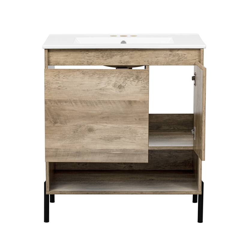 30" Modern Wood Fixture Bathroom Vanity with Sliding Drawer,Ceramic Basin Sink Top, Doors and Open Shelf