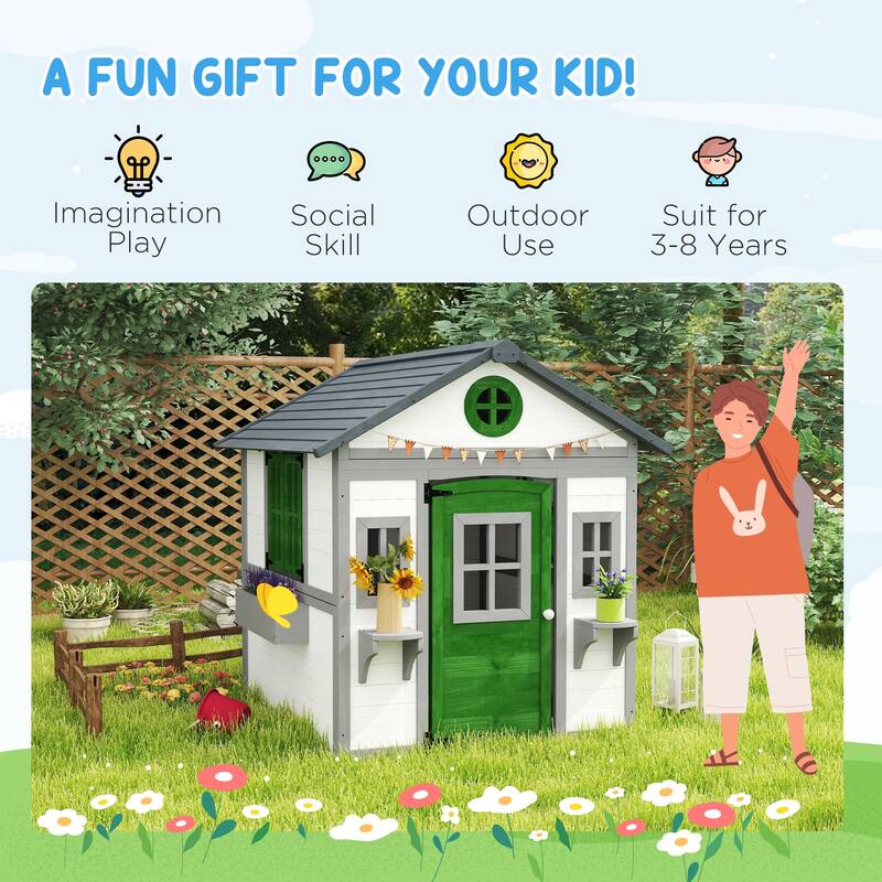 White Green and Dark Gray Wooden Kids Playhouse with Windows and Planter Boxes for Outdoor Backyard Fun Ages 3 to 8