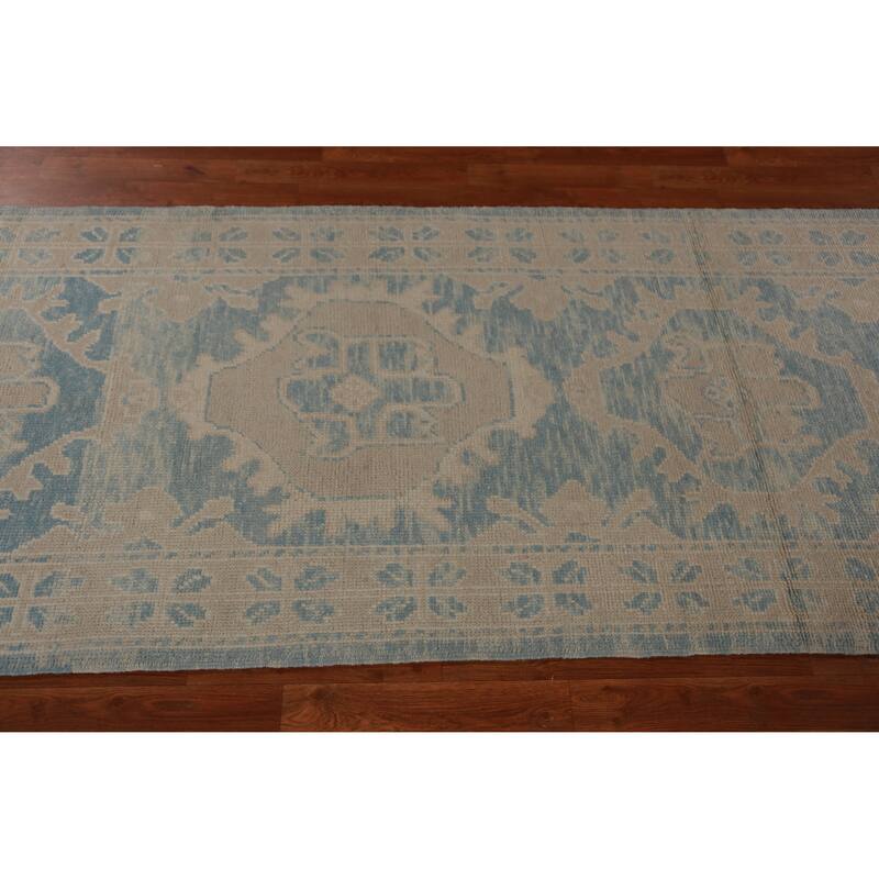 Hand Knotted Oriental 100% Wool Carpet Transitional Geometric Navy Blue & Blues Oushak Runner Rug - 13' 1'' X 3' 6''