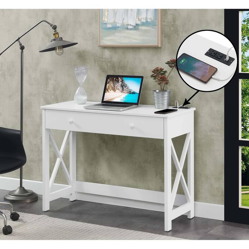 Convenience Concepts Oxford 1 Drawer 42" Desk with Charging Station - White