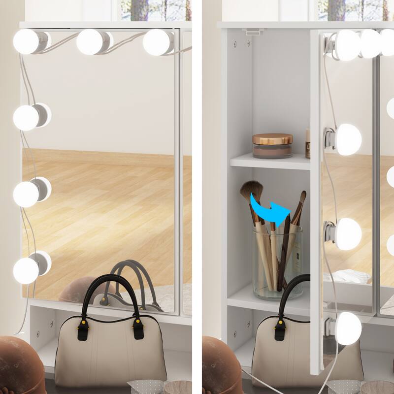 Glass Top Soft-Close Adjustable Lighting Vanity Dresser Vanity Makeup Table Dressing Table