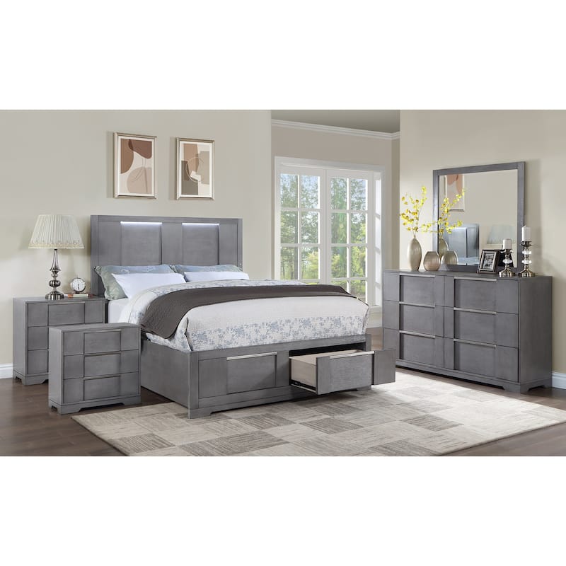 Furniture of America Tona Contemporary 5-Piece Grey Wood Storage Platform Bedroom Set with LED Lights - Queen