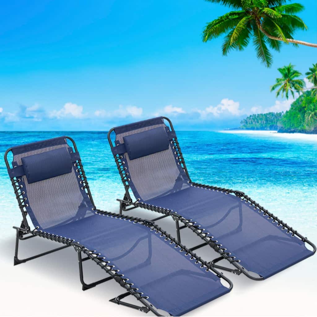 Outdoor Folding Chaise Lounge（Set of 2），Adjustable Sun Chair w/Breathable Mesh Lounge and Portable Patio Furniture