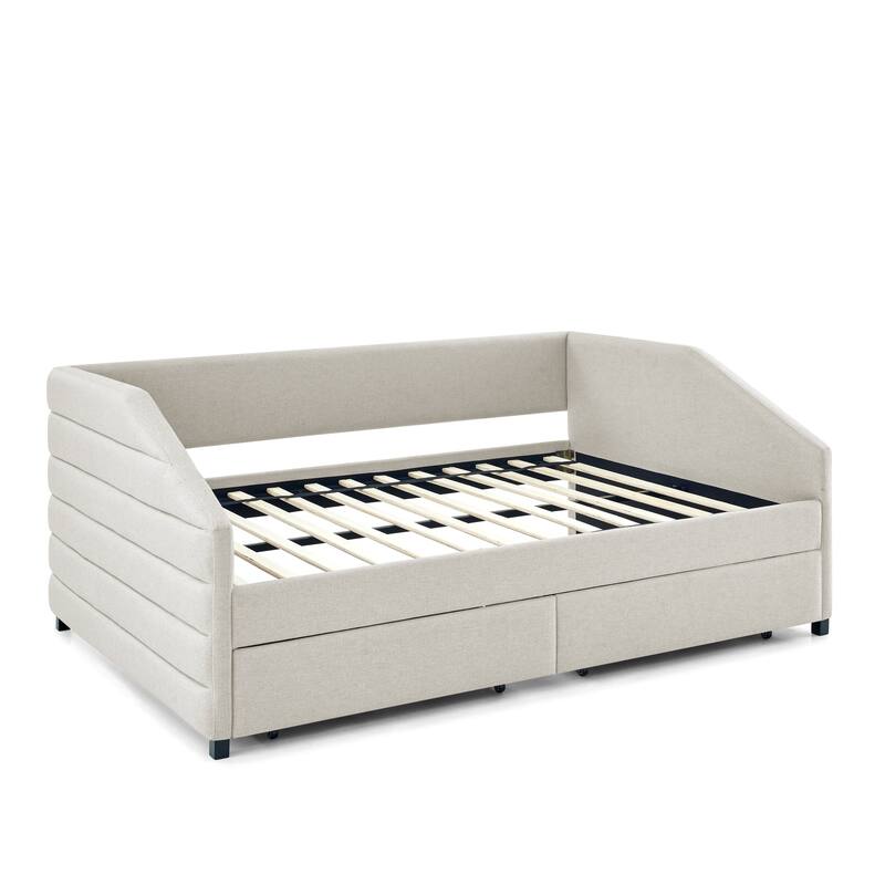 Twin/Full/Queen Size Upholstered Daybed with 2 Drawers, Linen Fabric Upholstered Sofa Bed, Wheeled Storage Daybed w/ Wood Frame