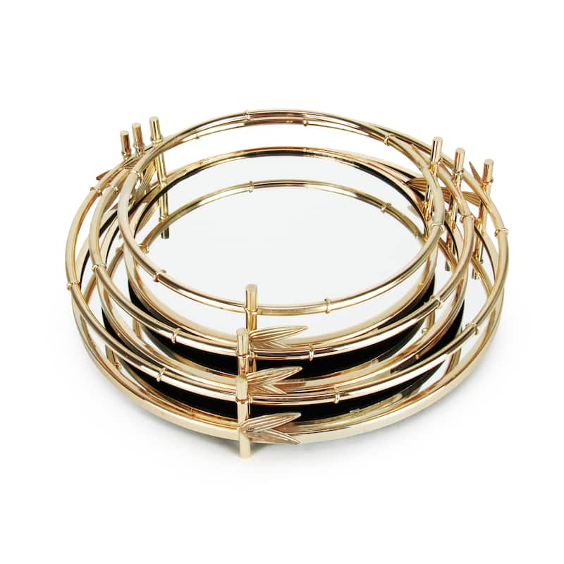 Gold Bamboo Style Round Metal Mirror Decorative Tray Serving Platter