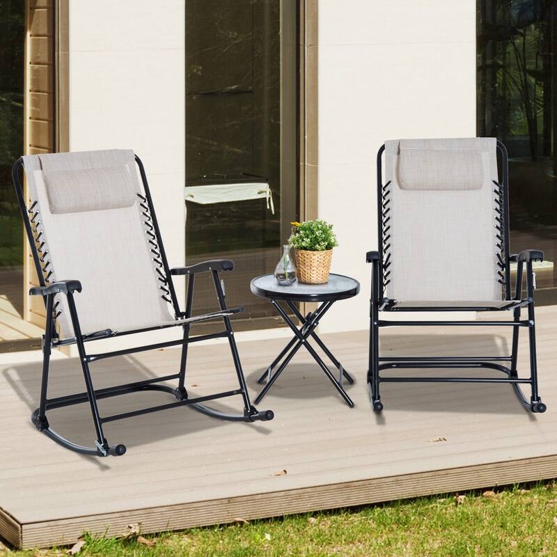 3 Piece Outdoor Rocking Chair Set, Patio Folding Lawn Rocker Set with Glass Coffee Table, Headrests for Yard, Patio, Dec