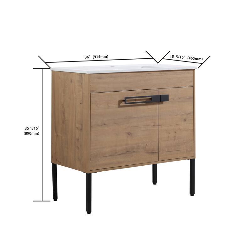 Bathroom Vanity with Ceramic Sink, Soft-Close Doors, Adjustable Shelf, Eco-Friendly Plywood - 36in L Plywood