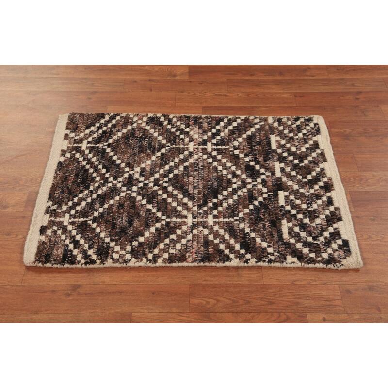 Brown Moroccan Oriental Foyer Rug Hand-Knotted Accent Wool Carpet - 2'0"x 3'0"
