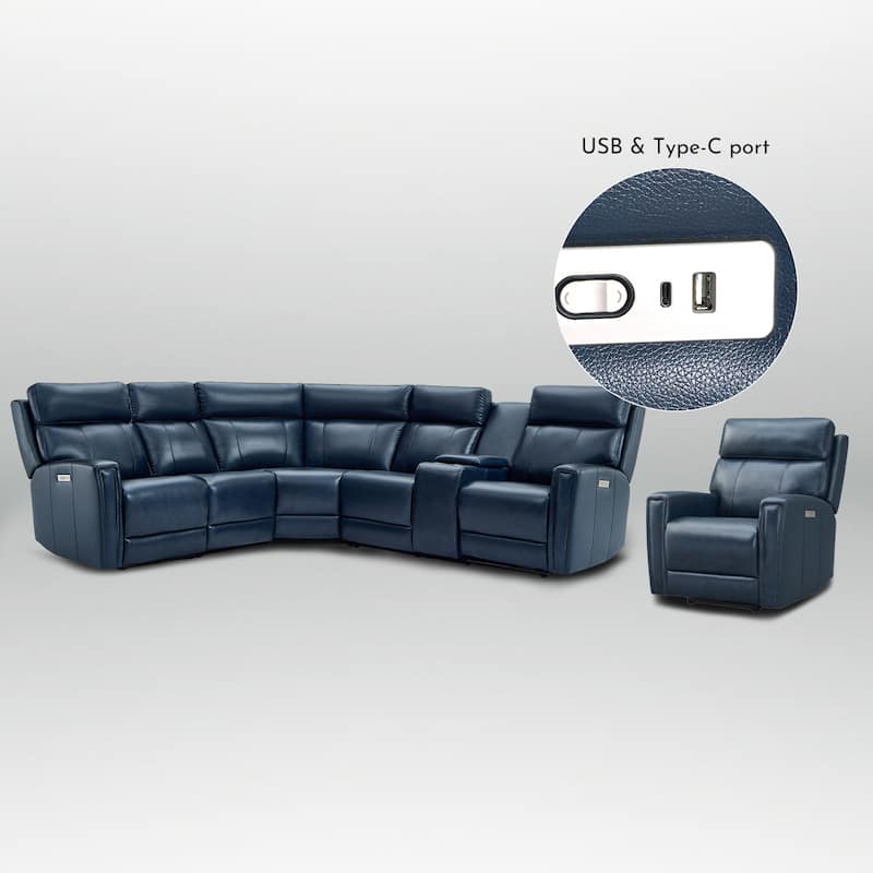 104" W 6 Seater Genuine Leather Power Sectional and 39" W Recliner Set with Zero Gravity, USB Ports, 2 Stationary Armlesschairs