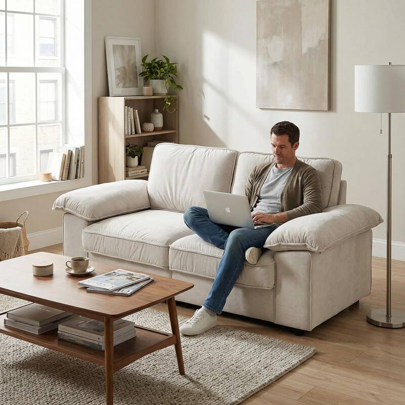 Roomfitters Modern Overstuffed Upholstered Sofa with Hidden Storage and Padded Arms, Comfy Loveseat for Small Space