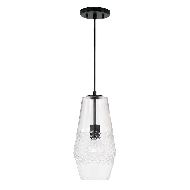 Dena 1-light Pendant w/ Diamond Embossed Glass & Black Braided Cord - Matte Black
