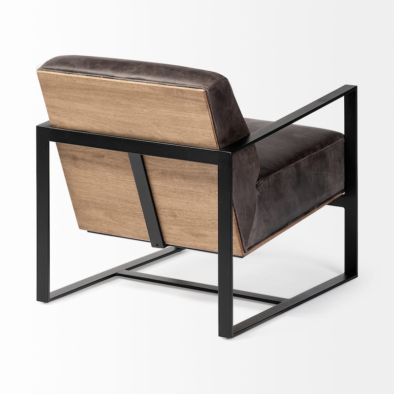Stamford Black Genuine Leather w/ Light Brown Solid Wood Back & Black Iron Frame Accent Chair