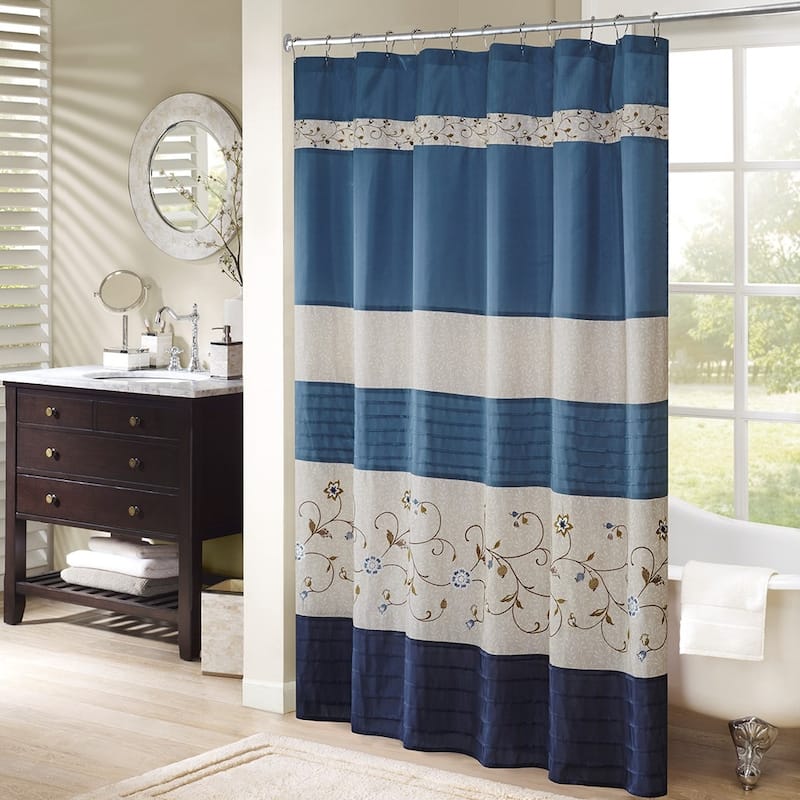 Faux Silk Embroidered Floral Shower Curtain - Blue