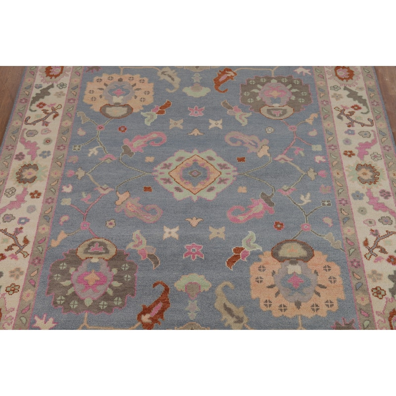 Light Blue Floral Oushak Indian Area Rug Handmade Wool Carpet - 8'0" x 9'10"