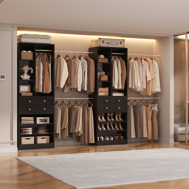 Set of 2 Closet System with 6 Hanging Rods and 4 Drawers, Adjustable Closet System with Shelves and Shoe Rack