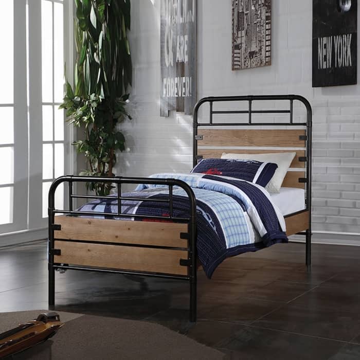 Twin Panel Bed with Metal Frame, Wooden Panels and Low Profile Footboard