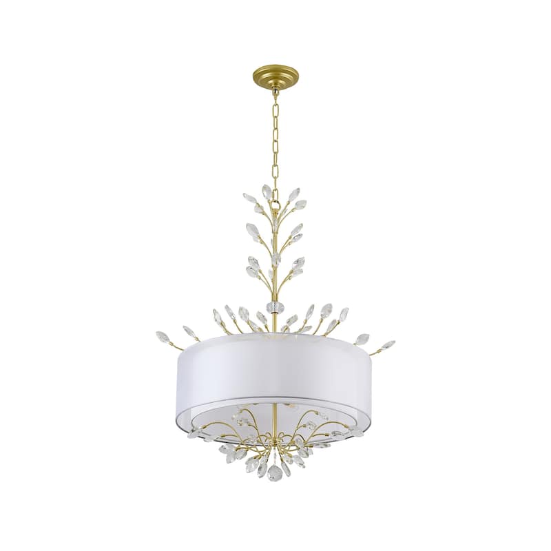 6-Light Aged Silver Branch Chandelier With A Fabric Shade And Crystals