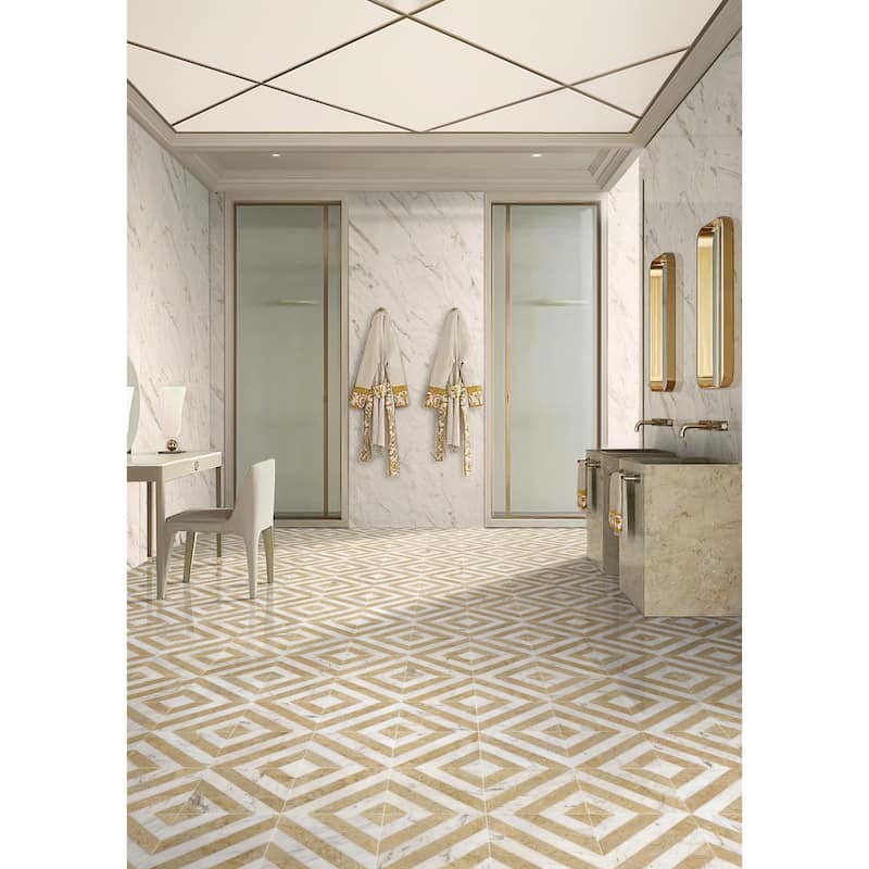 Roomfitters Waterjet Marble Tile for Floor and Wall, Polished Natural Stone, Genuine Marble, 8-Piece Box, White Gold