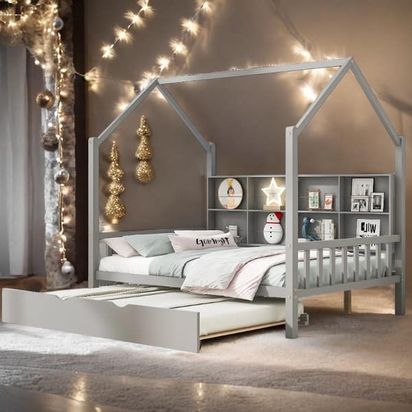 slide 2 of 6, Full Size House Bed with Trundle and Shelf Grey