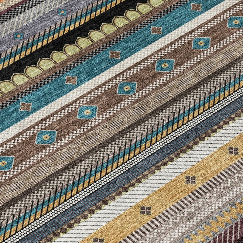 Machine Washable Indoor/Outdoor Boho Stripes Chantille Rug