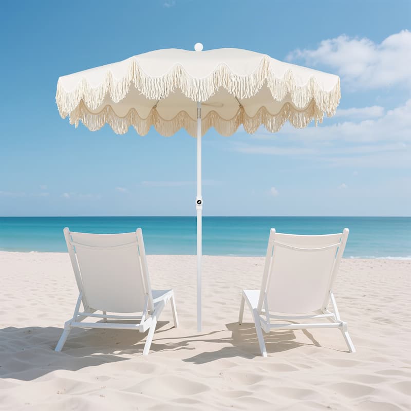 Mariner 6.5ft Classic Fringe Umbrella w/ Tilt & Bag - Beige, White Pole