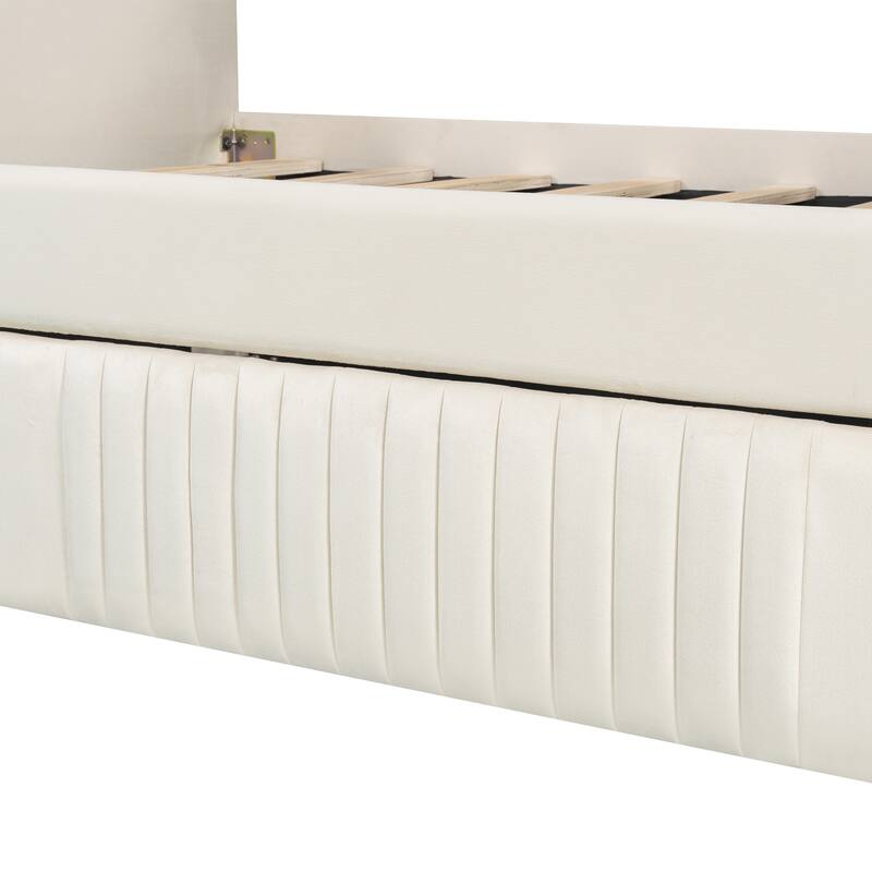 Twin Size Upholstered Daybed Sofa Bed with Trundle and Wood Slat, Light Blue/Beige/Gray