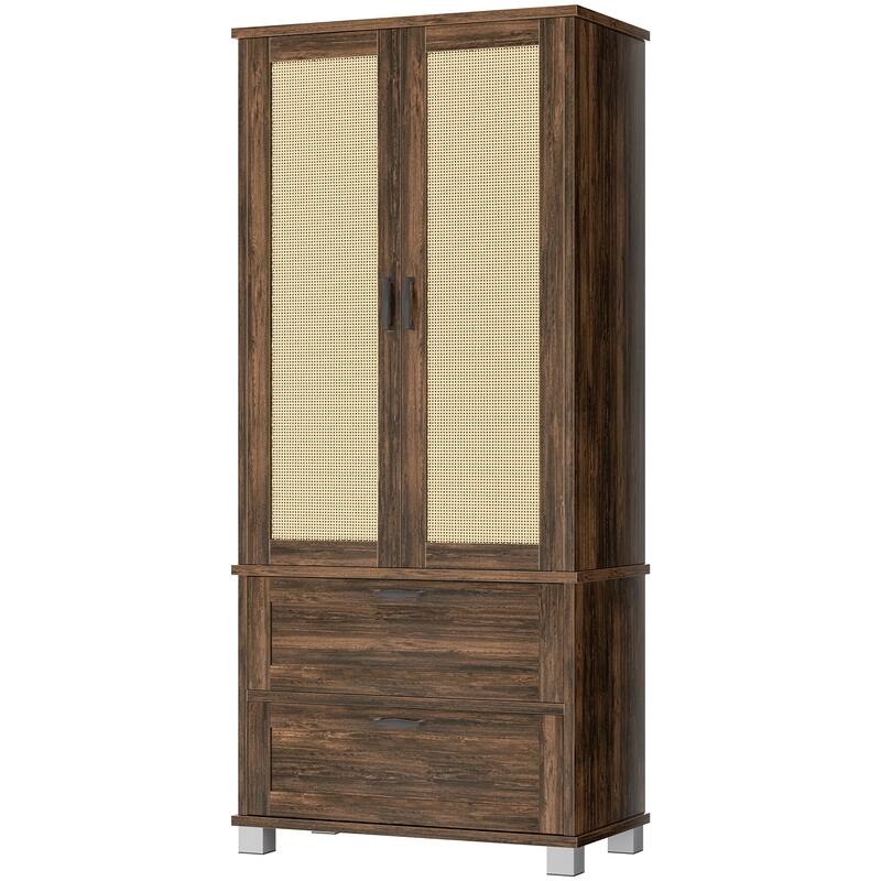 Rattan Door Pantry Storage Cabinet with Wine Rack - Freestanding Storage Organizer with Anti-Tip