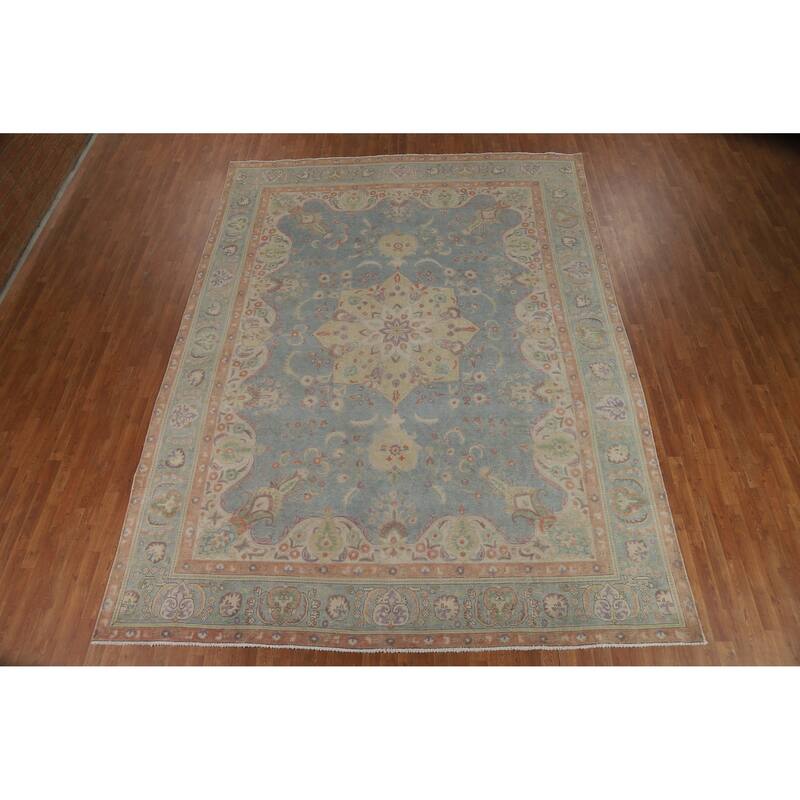 Blue Tabriz Persian Vintage Rug Hand-Knotted Wool Carpet - 9'9" x 13'1"