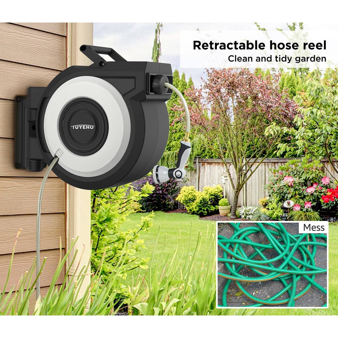 Retractable Garden Hose Reel 5/8 Inch x 85 FT, Wall Mount Hose Reels w