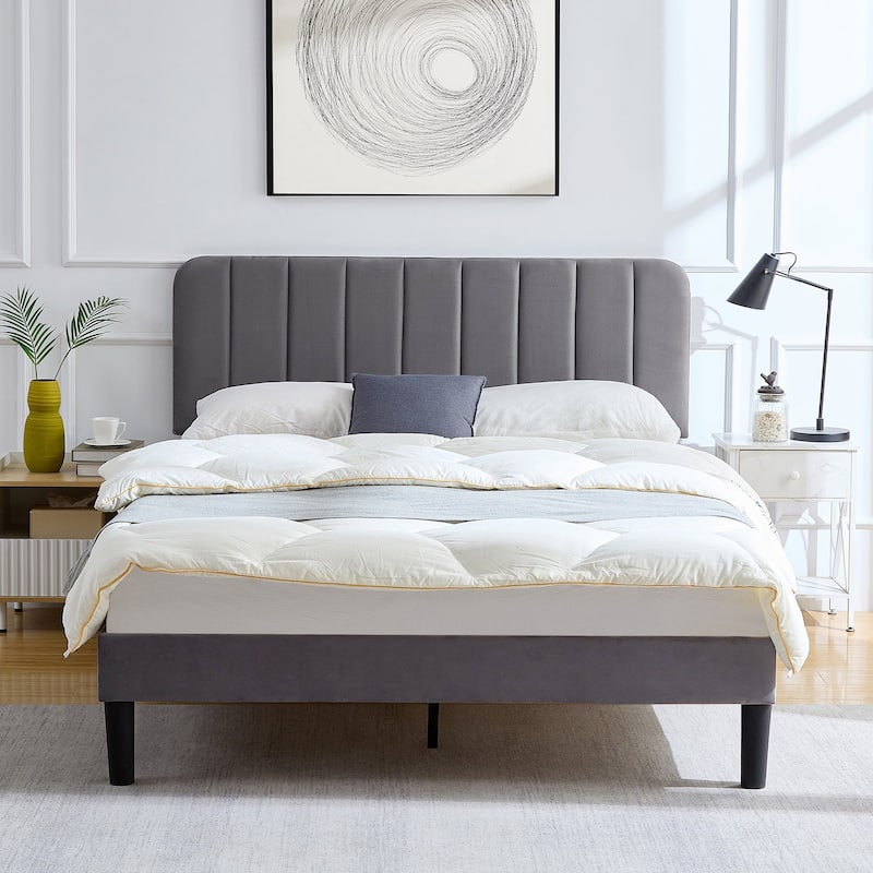 Javlergo Upholstered Adjustable Headboard Velvet Platform Bed Quiet Heavy-Duty Bed Frame No Box Spring Needed - Grey - Queen