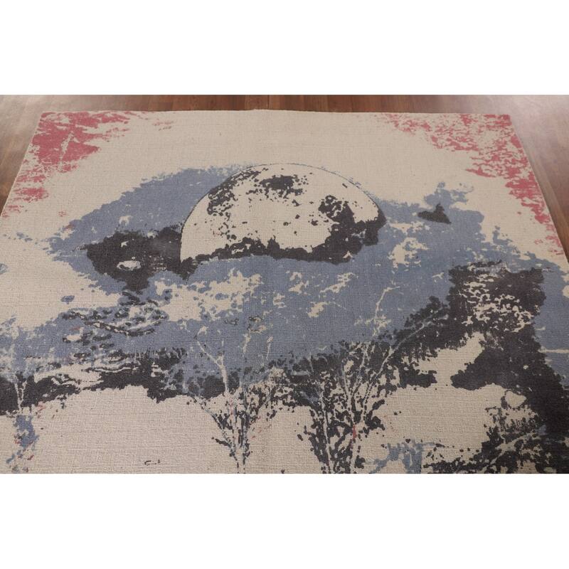 Nature Print Ivory Abstract Modern Area Rug Handmade Wool Carpet - 5'3" x 6'7"