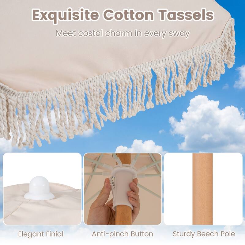 Gymax 6 FT Patio Umbrella w/ Fringe Push Button Tilt 8 Sturdy Ribs