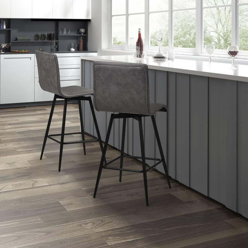 Roomfitters 25-Inch Faux Leather Swivel Counter Stool, 360-Degree Rotation with Matte Black Metal Base, Gray